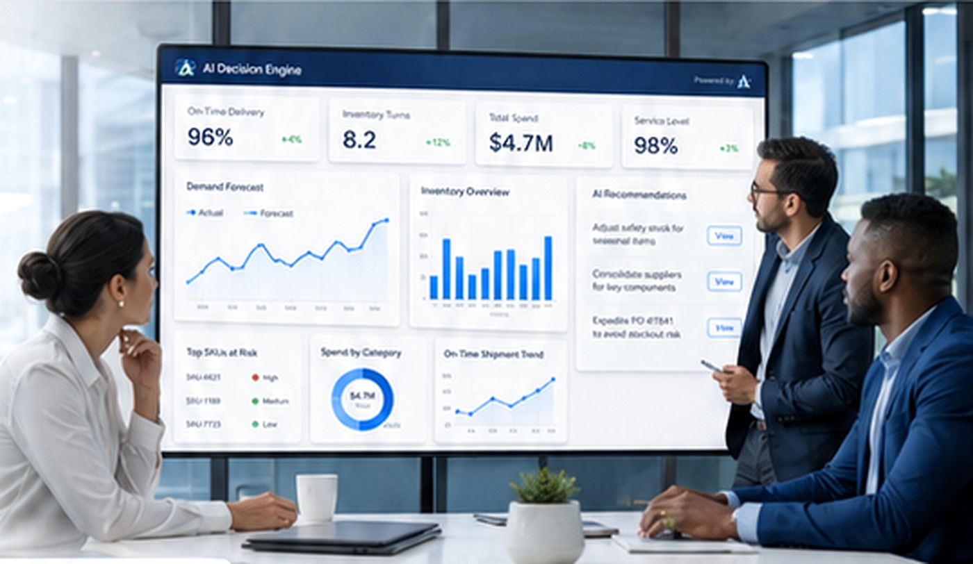 Business leaders reviewing an AI and BI dashboard with supply chain KPIs, charts, and recommendations