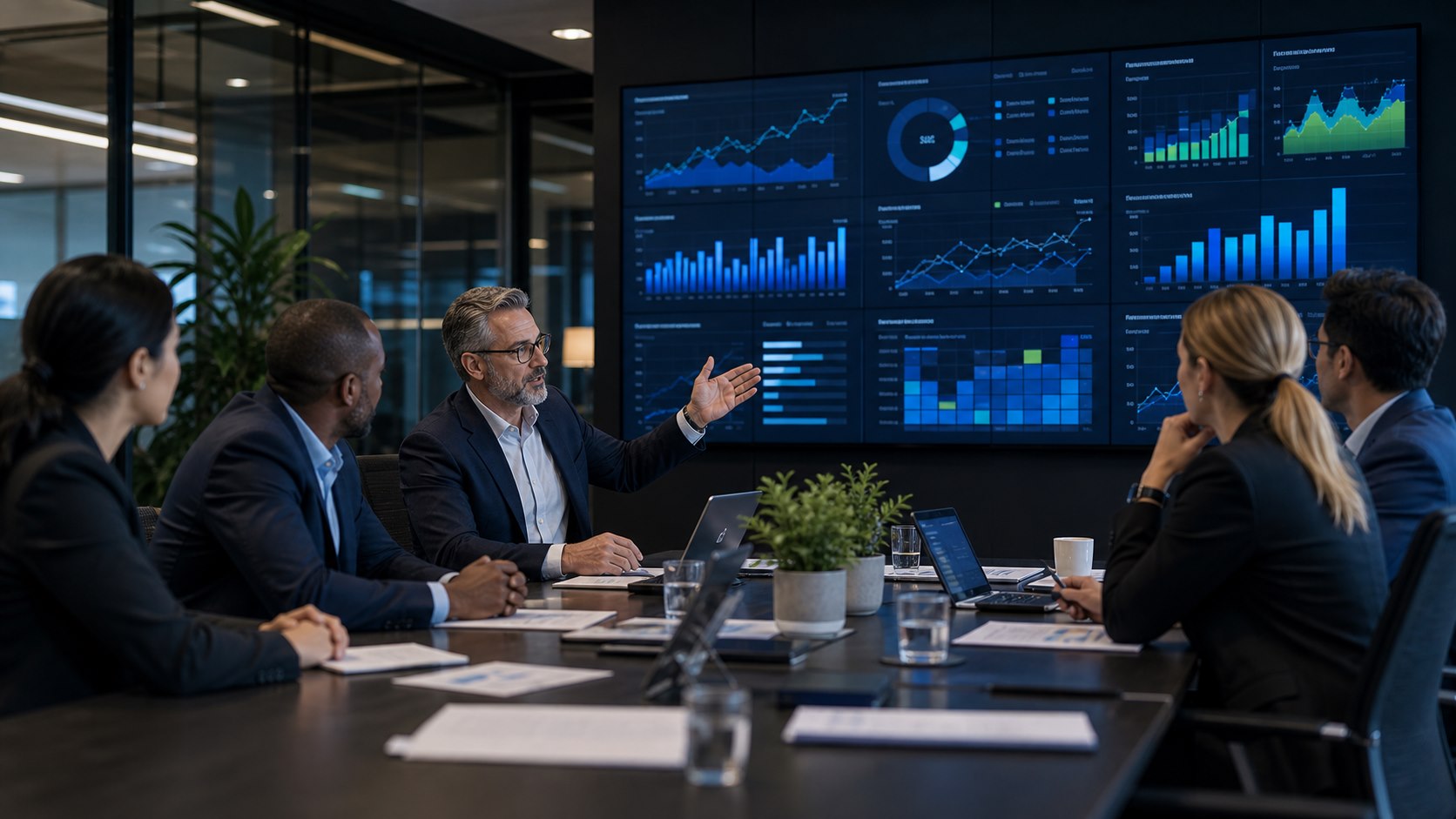 Executive advisory meeting with AI-enabled P&L dashboard