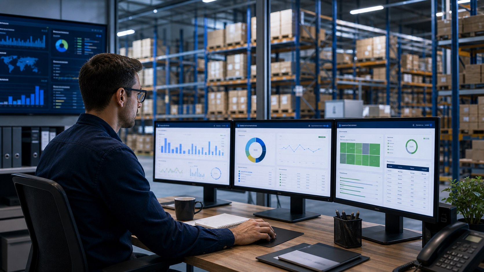 Inventory management dashboard and organized warehouse stock